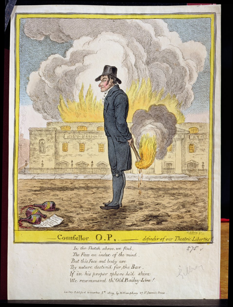 Poradce O.P., obránce našich divadelních svobod, ukazuje pálení divadla Covent Garden, hospoda. od Hannah Humphrey, 1809 od James Gillray