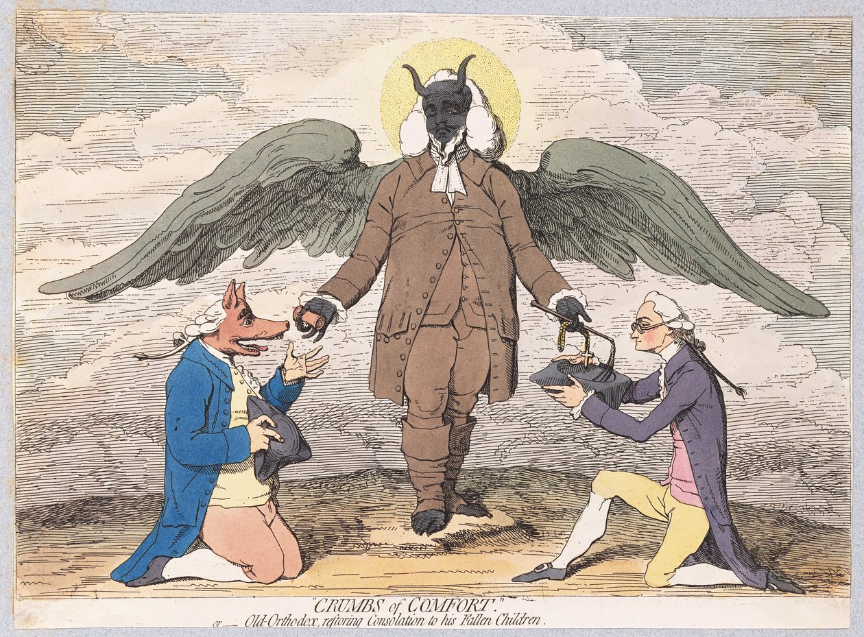 Drobky útěchy aneb Starý ortodoxní navracející Útěchu svým padlým dětem, hospoda. 1782 (ručně kolorovaná rytina) od James Gillray