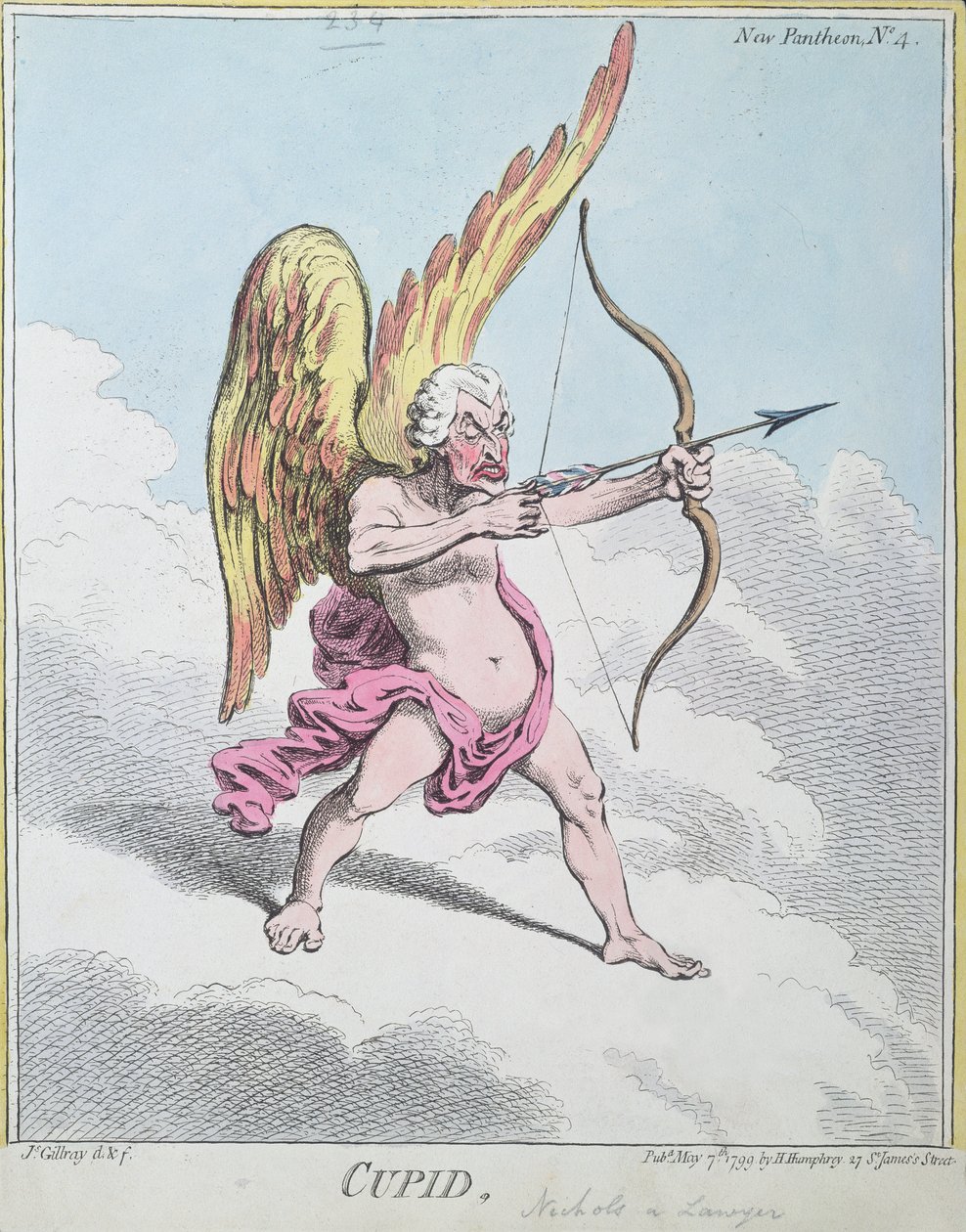Cupid, publikovala Hannah Humphrey v roce 1799 (ručně kolorovaný lept) od James Gillray