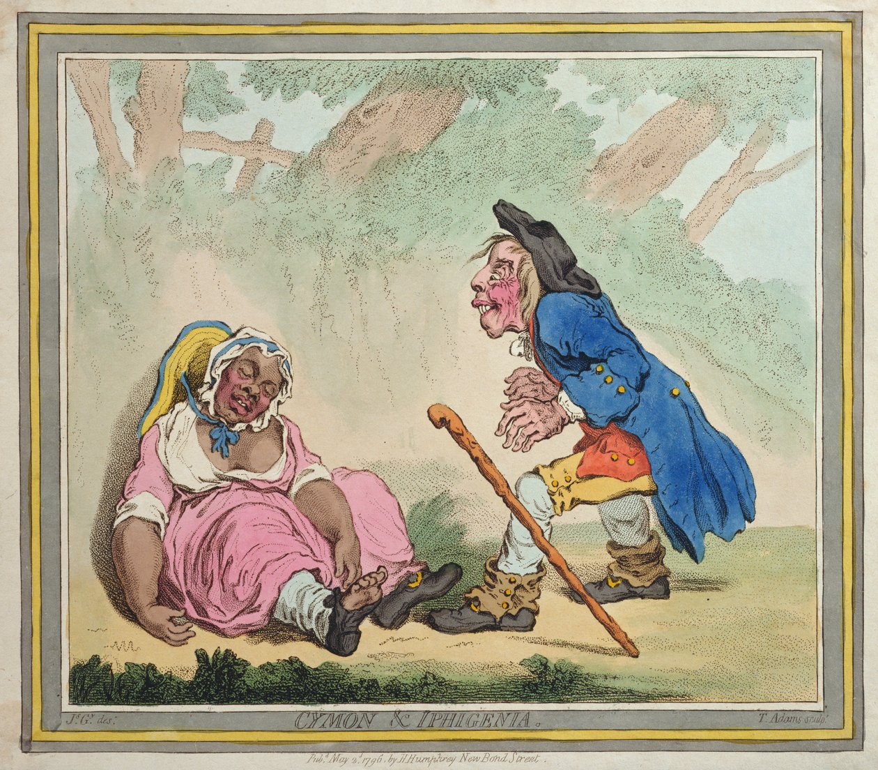 Cymon und Ifigenia, publikovala Hannah Humphrey v roce 1796 (ručně kolorovaný lept) od James Gillray