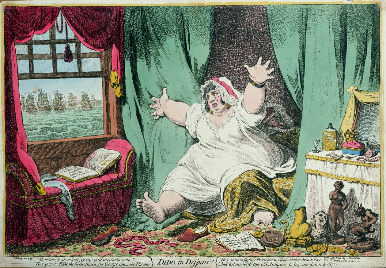 Dido in Despair, vydala Hannah Humphrey, 1801 (ručně kolorovaná rytina) od James Gillray