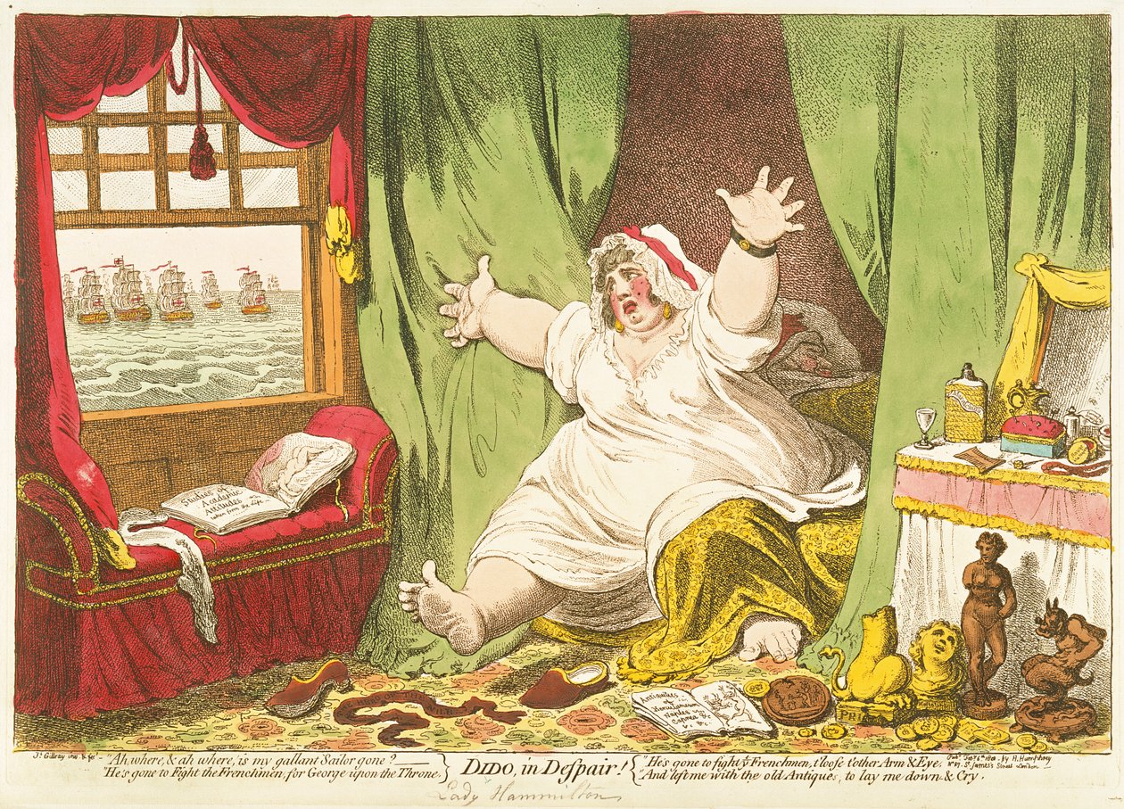 Dido in Despair, vydala Hannah Humphrey, 1801 (ručně kolorovaná rytina) od James Gillray