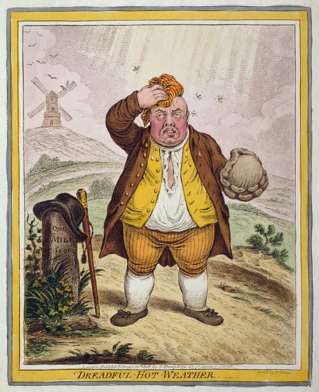 Dreadful-Hot Weather, vydané Hannah Humphrey v roce 1808 (ručně kolorovaný lept) od James Gillray