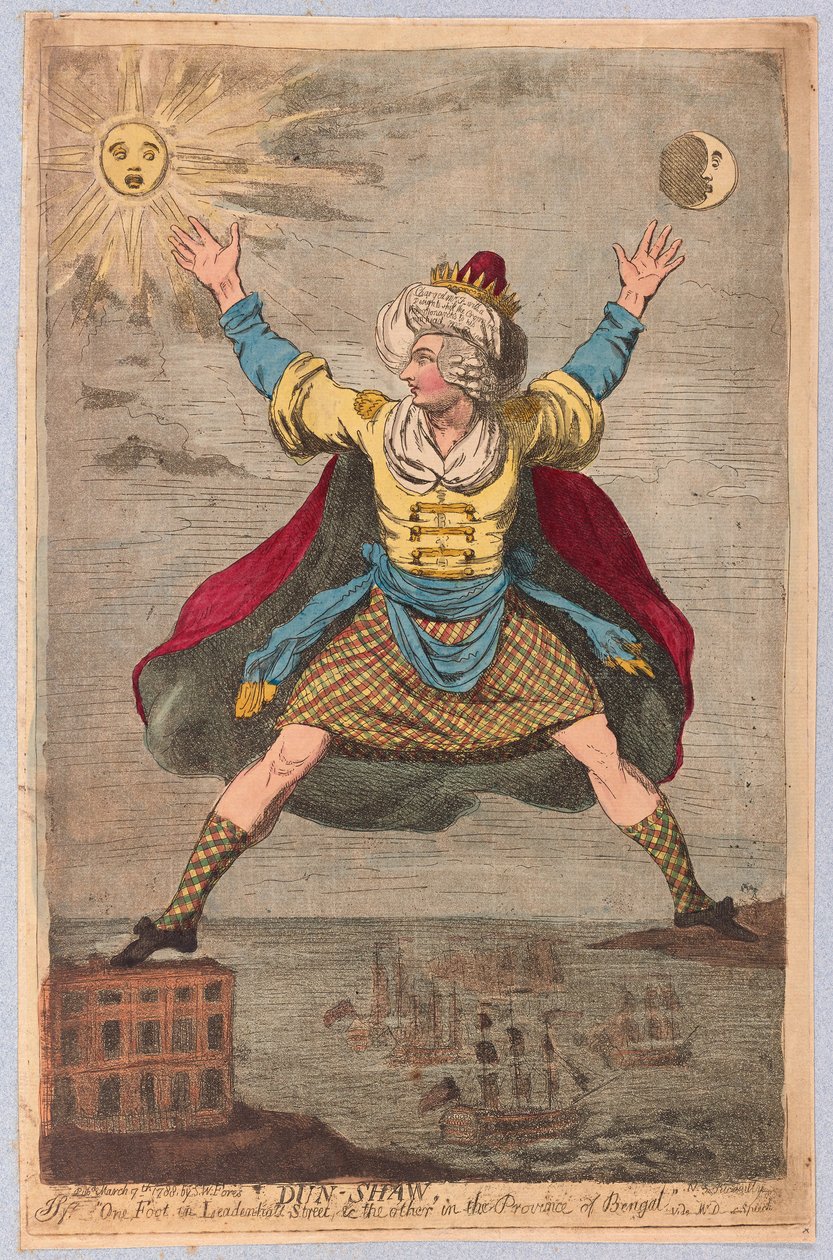 Dun-Shaw, jedna noha v ulici Leadenhall a druhá v provincii Bengálsko, hospoda. 1788 (ručně kolorovaná rytina) od James Gillray