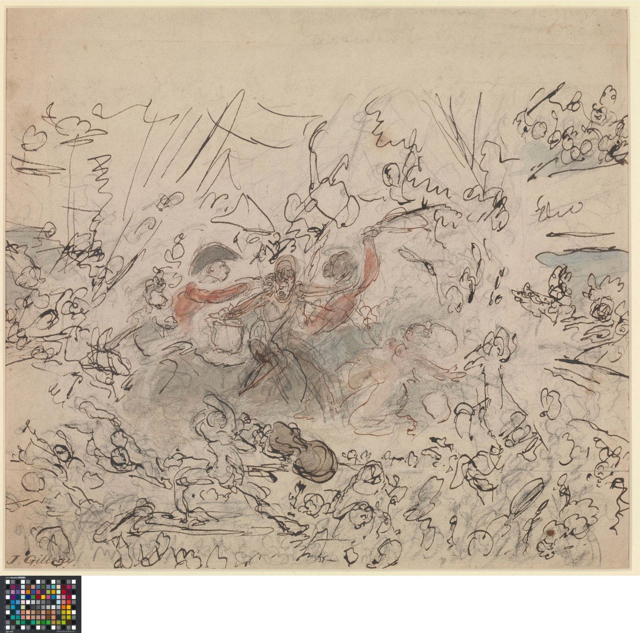 Nizozemsky: Světová podívaná: Napoleonské války (recto).  Seznam námětů "hodných talentu britských umělců" (verso) od James Gillray