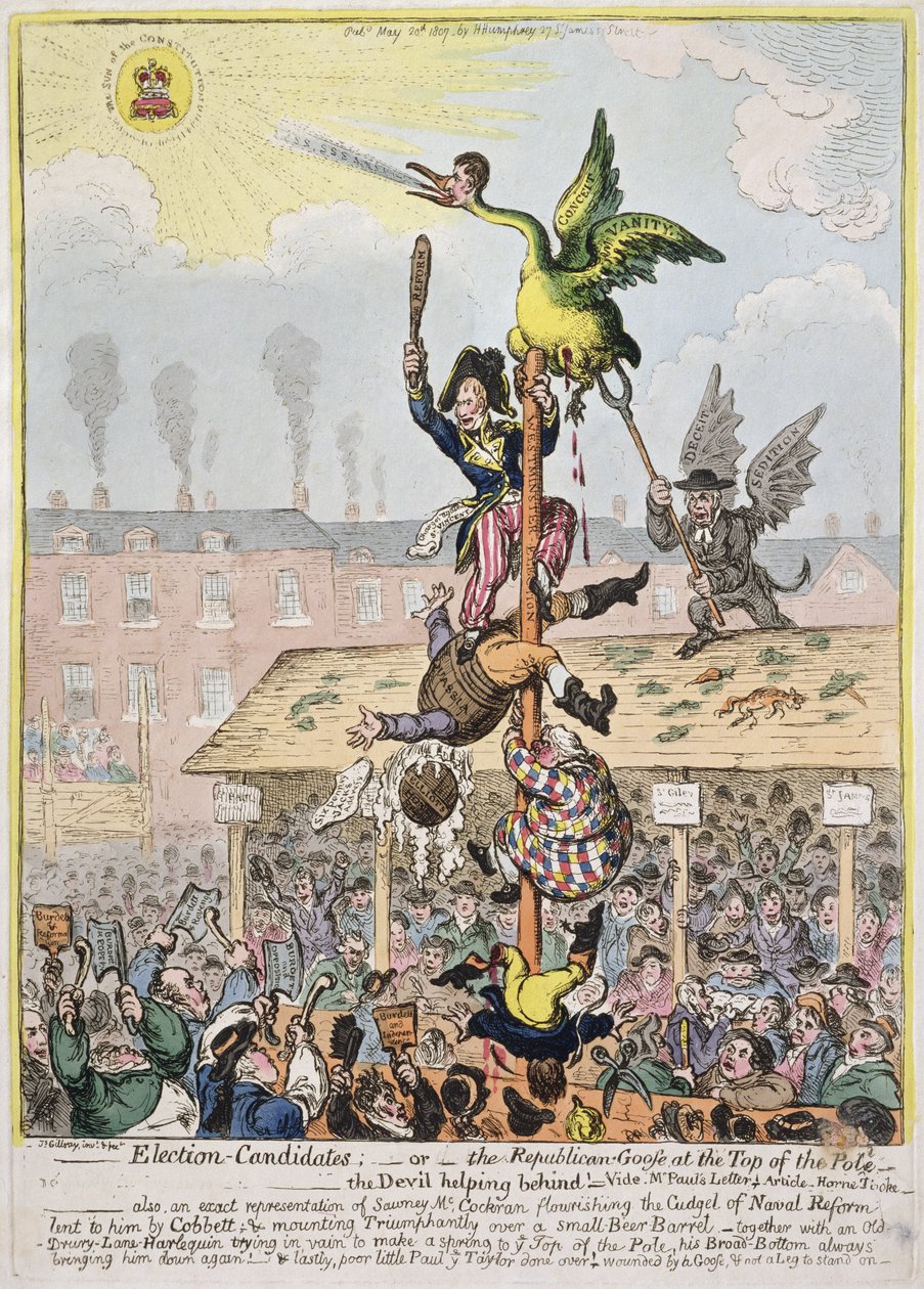 Volební kandidát aneb Republikánská husa na vrcholu pólu, kterou vydala Hannah Humphrey v roce 1807 (ručně kolorovaný lept) od James Gillray
