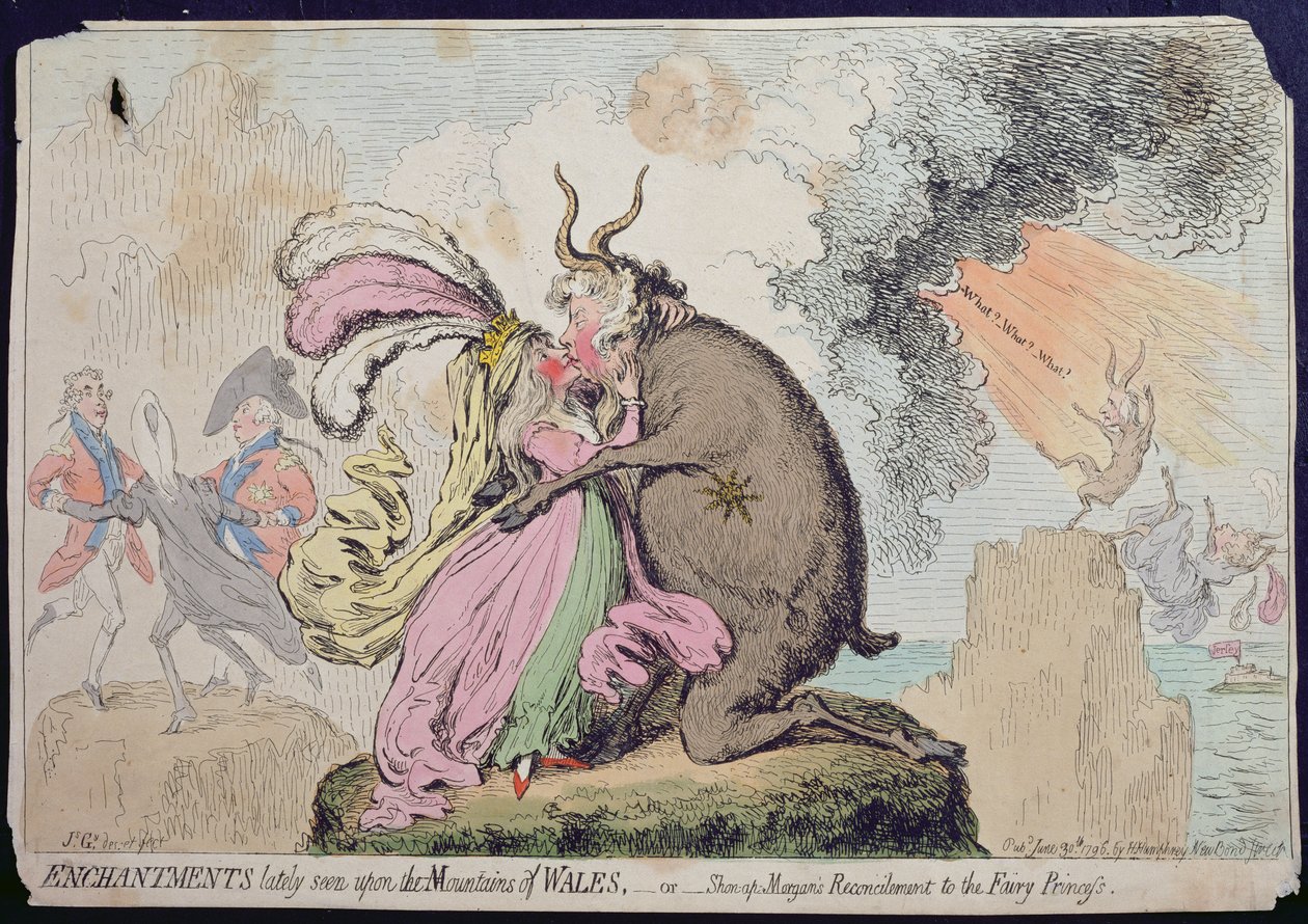 Kouzla nedávno viděná na hoře Walesu nebo Shon-ap-Morganovo Smíření s princeznou víly, vydané Hannah Humphrey v roce 1796 (ručně kolorovaný lept) od James Gillray