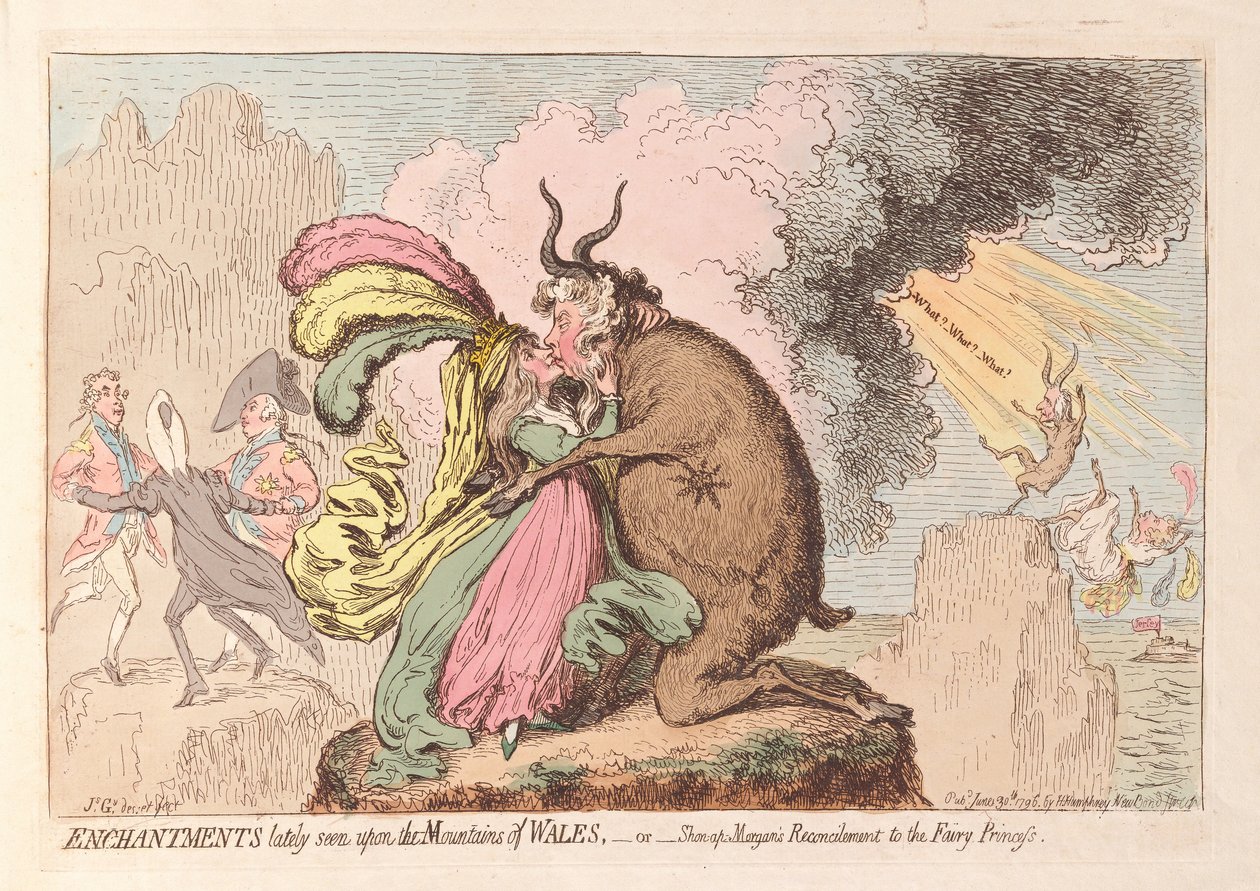 Kouzla v poslední době viděná v horách Walesu nebo Shon-ap Morgans Usmíření s princeznou víly, hospoda. 1796 (ručně kolorovaná rytina) od James Gillray