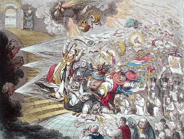 Konec irské frašky katolické emancipace, kterou vydala Hannah Humphrey v roce 1805 (ručně kolorovaný lept) od James Gillray