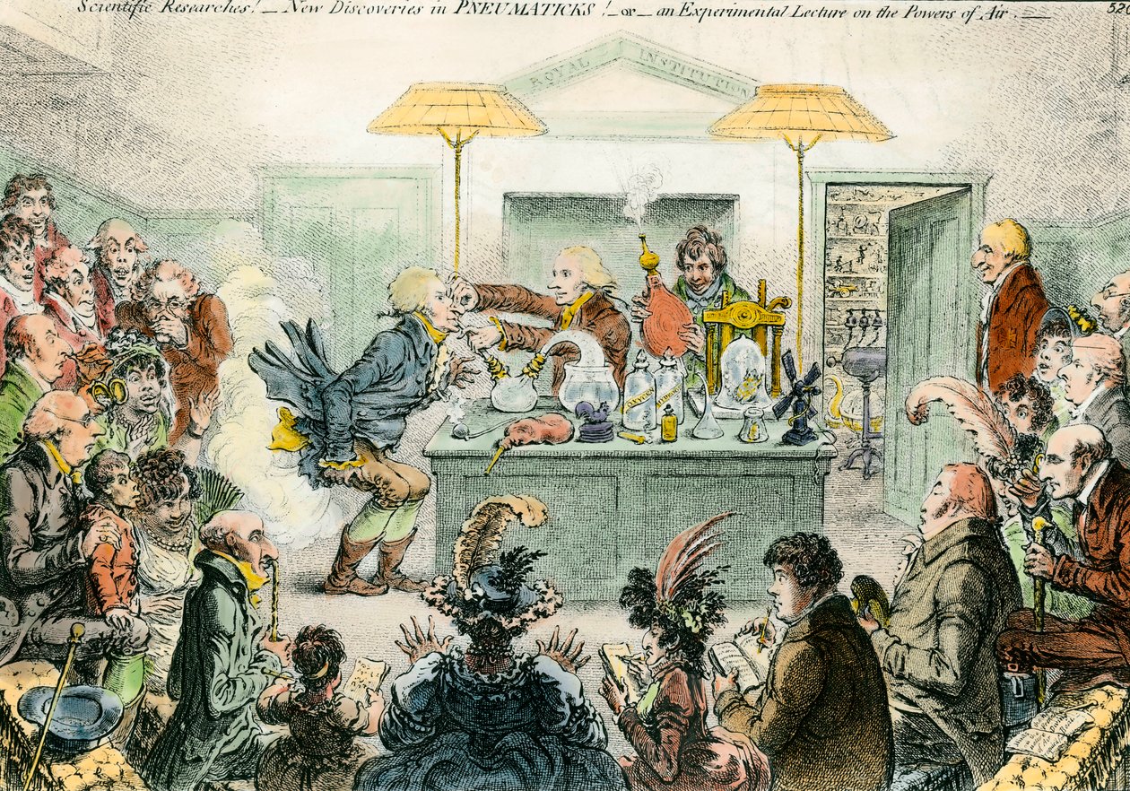 Anglická satira na vědu: nové objevy v pneumatických materiálech. Satirické čerpání z nadšení pro vědecké konference v 19. století. Rytina Jamese Gillraye (1757-1815) od James Gillray