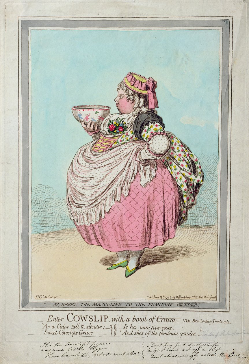 Enter Cowslip, s miskou smetany, vydané Hannah Humphrey v roce 1795 (ručně kolorovaný lept) od James Gillray