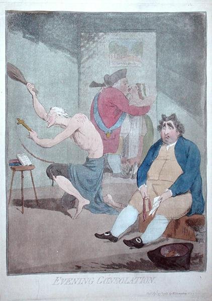 Večerní útěcha, vydal William Humphrey v roce 1785 (ručně kolorovaný lept) od James Gillray