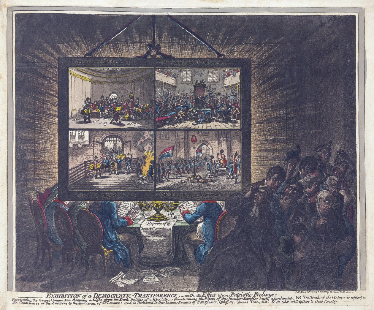Výstava Demokratická transparentnost s jejím vlivem na vlastenecké city, pub. 1799 (ručně kolorovaná rytina) od James Gillray