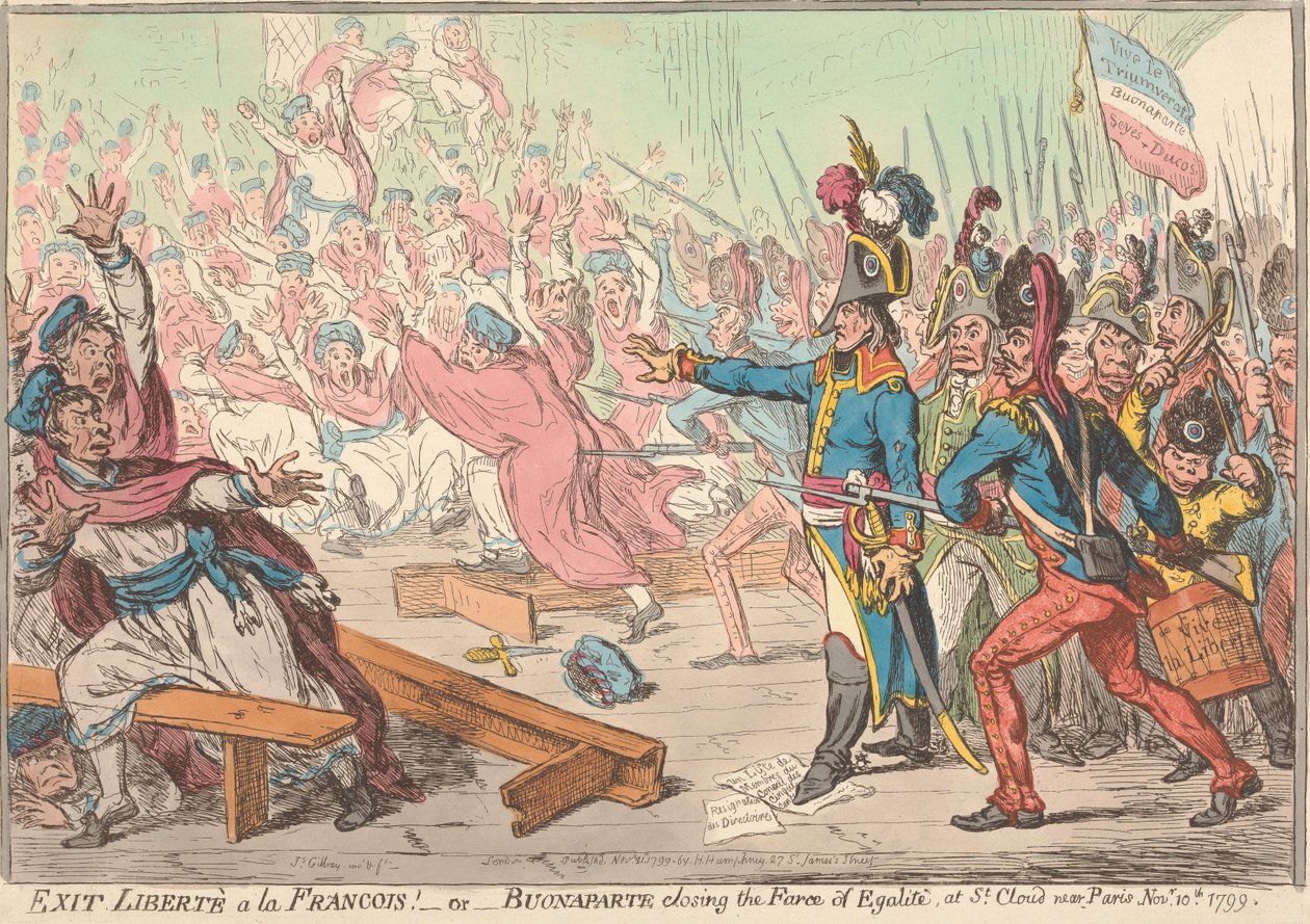 Sbohem, svobodo po francouzsku! – aneb – Bonaparte ukončuje frašku o rovnosti v Saint-Cloud u Paříže, 10. listopadu 1799 od James Gillray