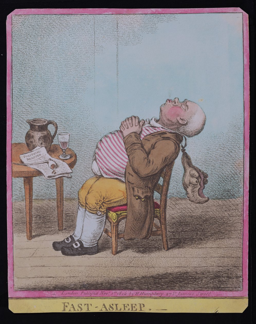 Fast Asleep, publikoval Hannah Humphrey v roce 1806 (ručně kolorovaný lept) (viz také 189789) od James Gillray