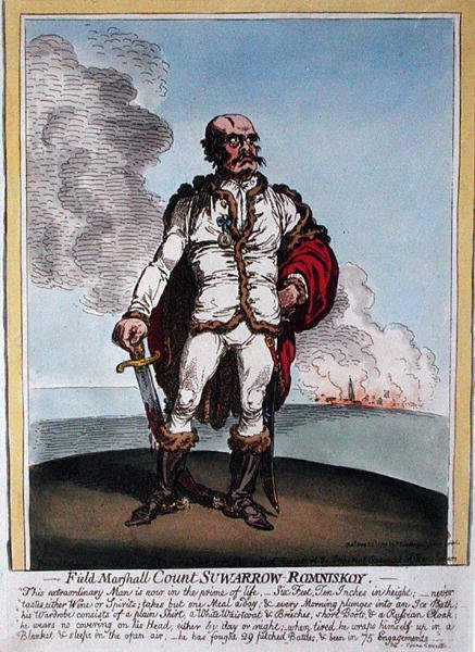 Polní maršál hrabě Suwarrow-Rominiskoy (1729-1800) vydal Hannah Humphrey v roce 1799 (ručně kolorovaný lept) od James Gillray