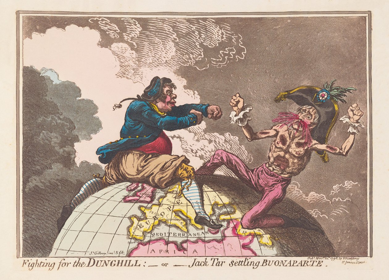 Boj o Dunghill aneb Jack Tar usazující se Buonaparte, hospoda. 1798 (ručně kolorovaná rytina) od James Gillray