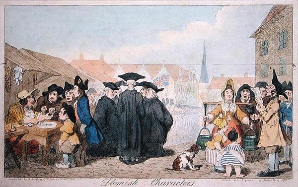 Vlámské znaky, vydal G. Humphrey v roce 1793 (ručně kolorovaná rytina) od James Gillray