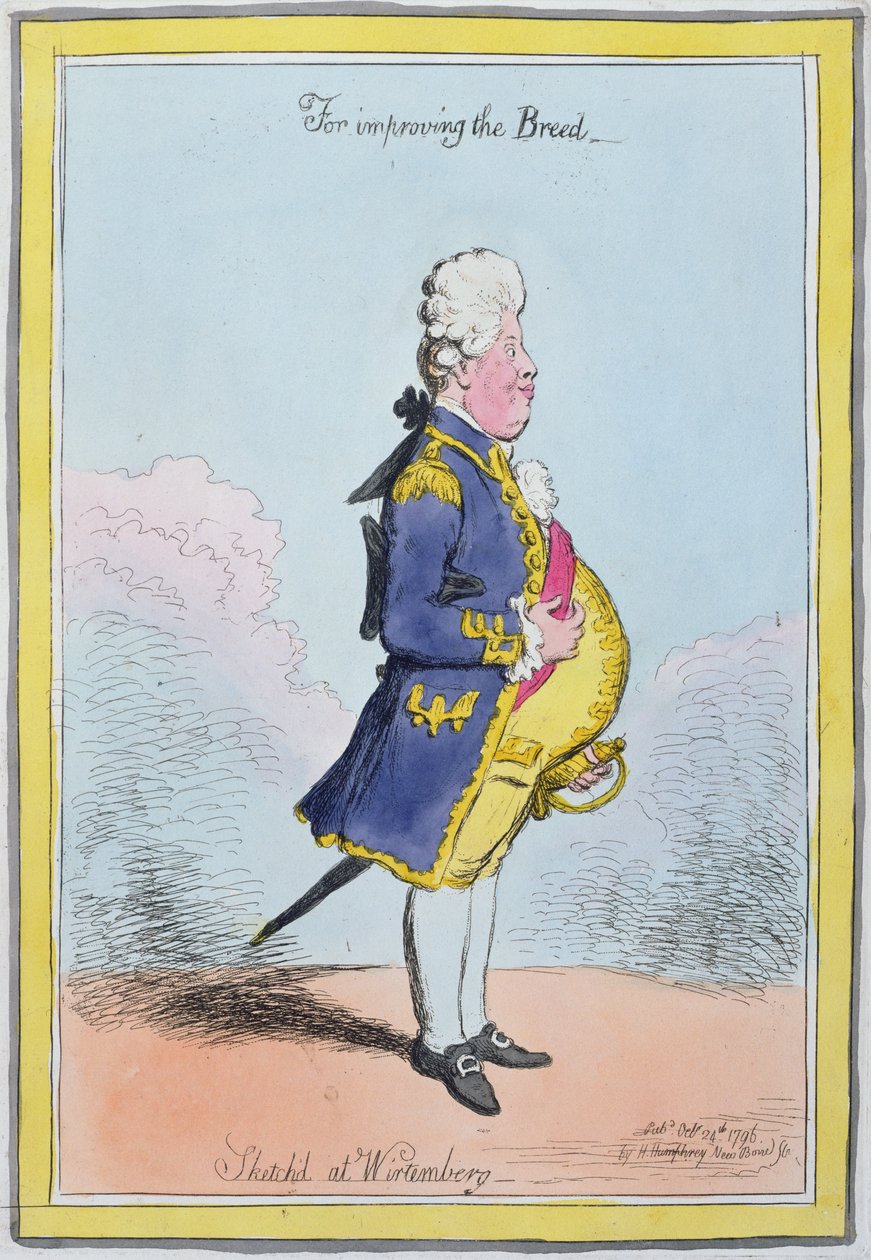 Pro zlepšení plemene, načrtnuté ve Wirtembergu, vydané Hannah Humphrey v roce 1796 (ručně kolorovaný lept) od James Gillray