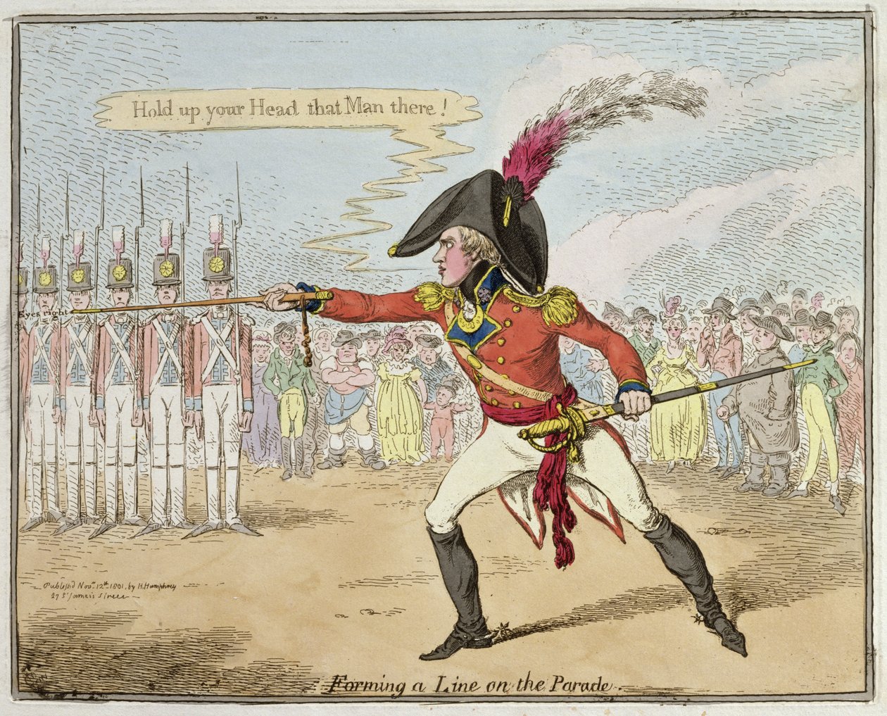 Forming a Line on the Parade, vydané Hannah Humphrey v roce 1801 (ručně kolorovaný lept) od James Gillray