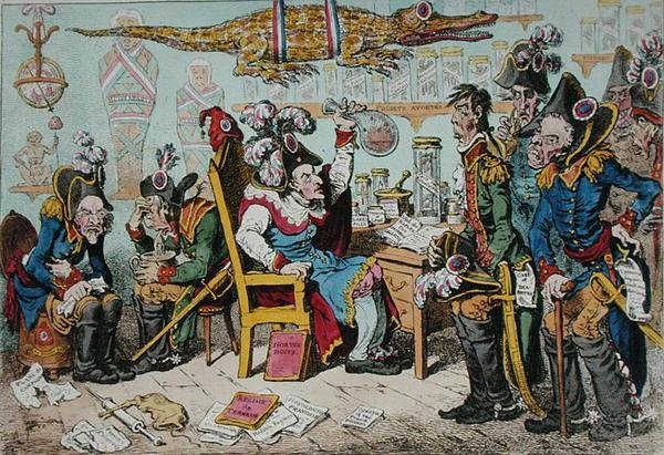 Francouzští generálové odcházejí kvůli svému zdraví do důchodu s Lepauxem předsedajícím ředitelské výdejně, kterou vydala Hannah Humphrey v roce 1799 (ručně kolorovaný lept) od James Gillray