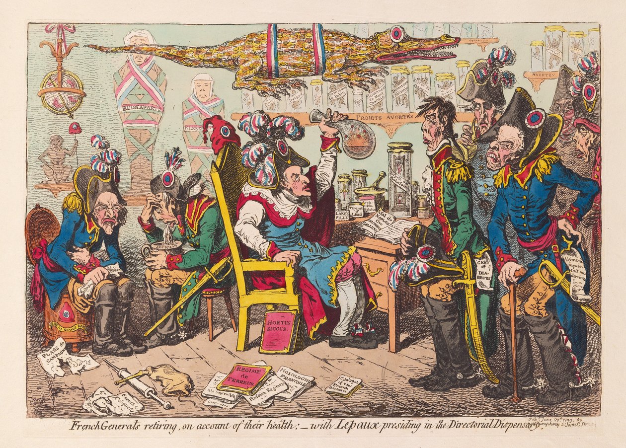 Francouzští generálové odcházejí kvůli svému zdraví do důchodu: - Lepaux předsedá ředitelské výdejně, hospoda. 1799 (ručně kolorovaná rytina) od James Gillray