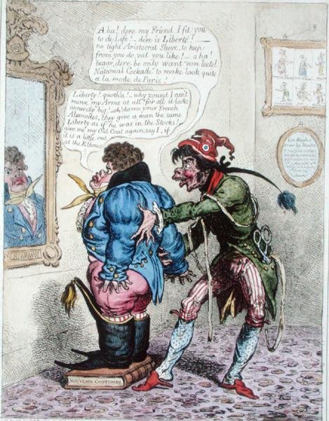Francouzský Taylor, který se hodí k Johnu Bullovi s "Jeanem de Bry", vydala Hannah Humphrey v roce 1799 (ručně kolorovaný lept) od James Gillray