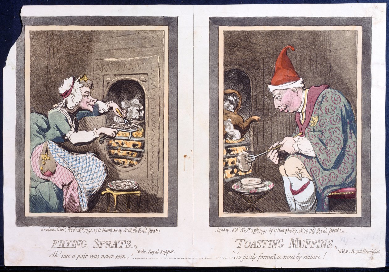 Smažení šprotů neboli královská večeře a opékání muffinů neboli královská snídaně, kterou vydala Hannah Humphrey v roce 1791 (ručně kolorovaný lept) od James Gillray