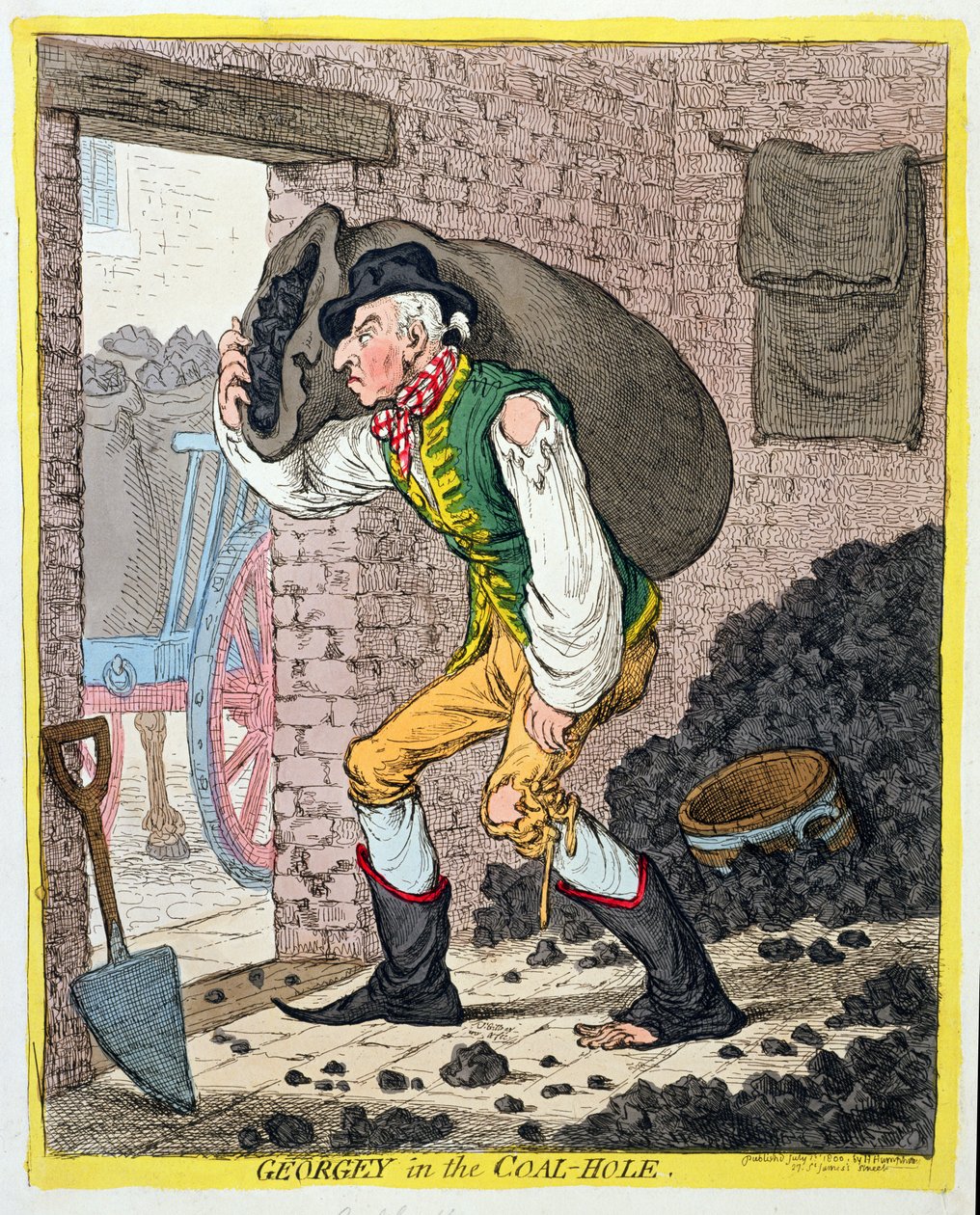Georgey in the Coal-Hole, vydané Hannah Humphrey v roce 1801 (ručně kolorovaný lept) od James Gillray