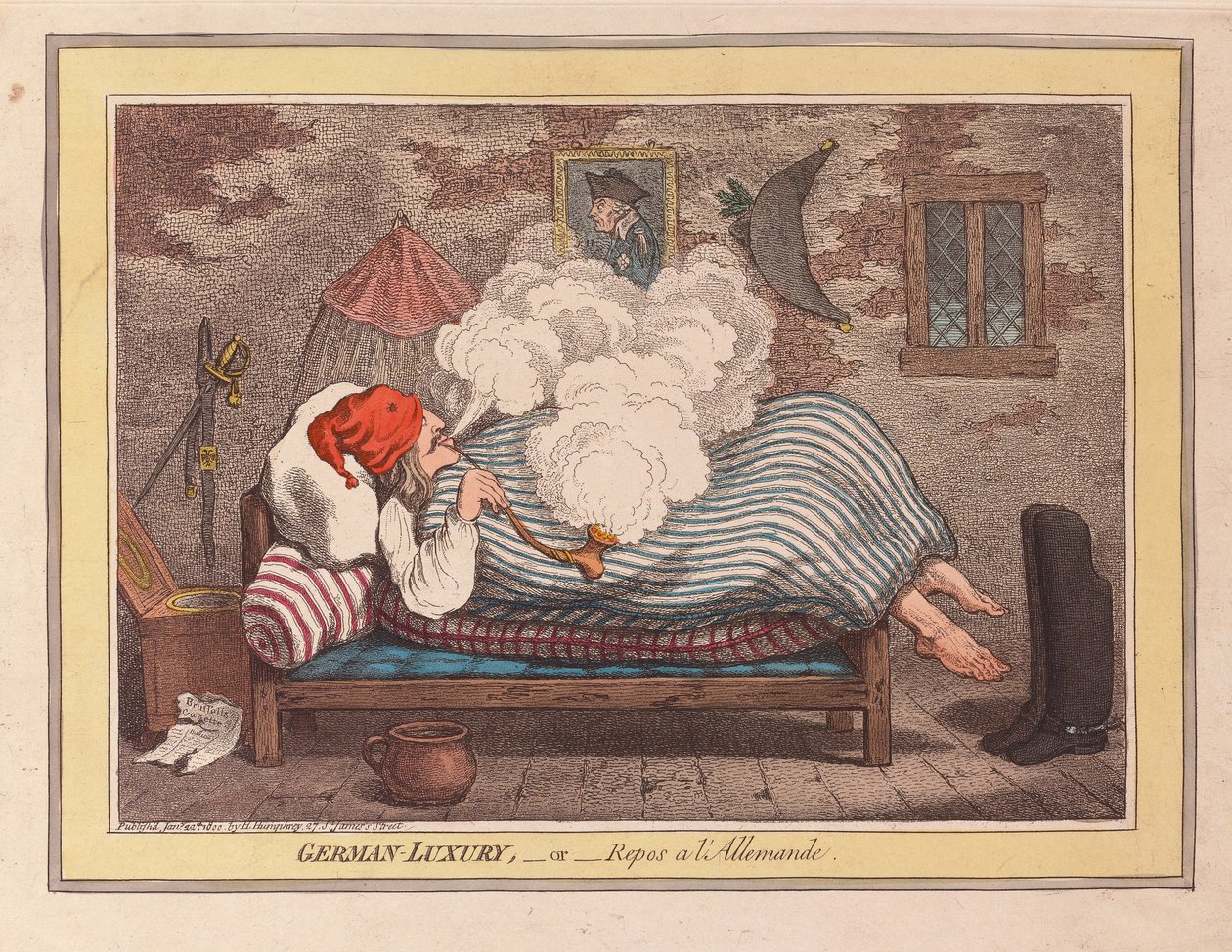 Německý luxus nebo Repos a LAllemande, hospoda. 1800 (ručně kolorovaná rytina) od James Gillray