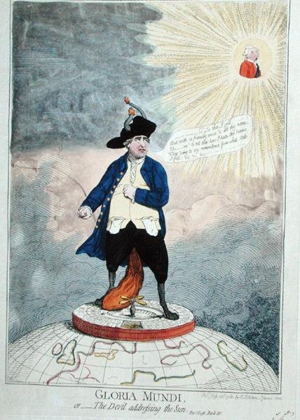 Gloria Mundi, aneb The Devil Addressing the Sun, kterou vydal William Humphrey v roce 1782 (ručně kolorovaná rytina) od James Gillray