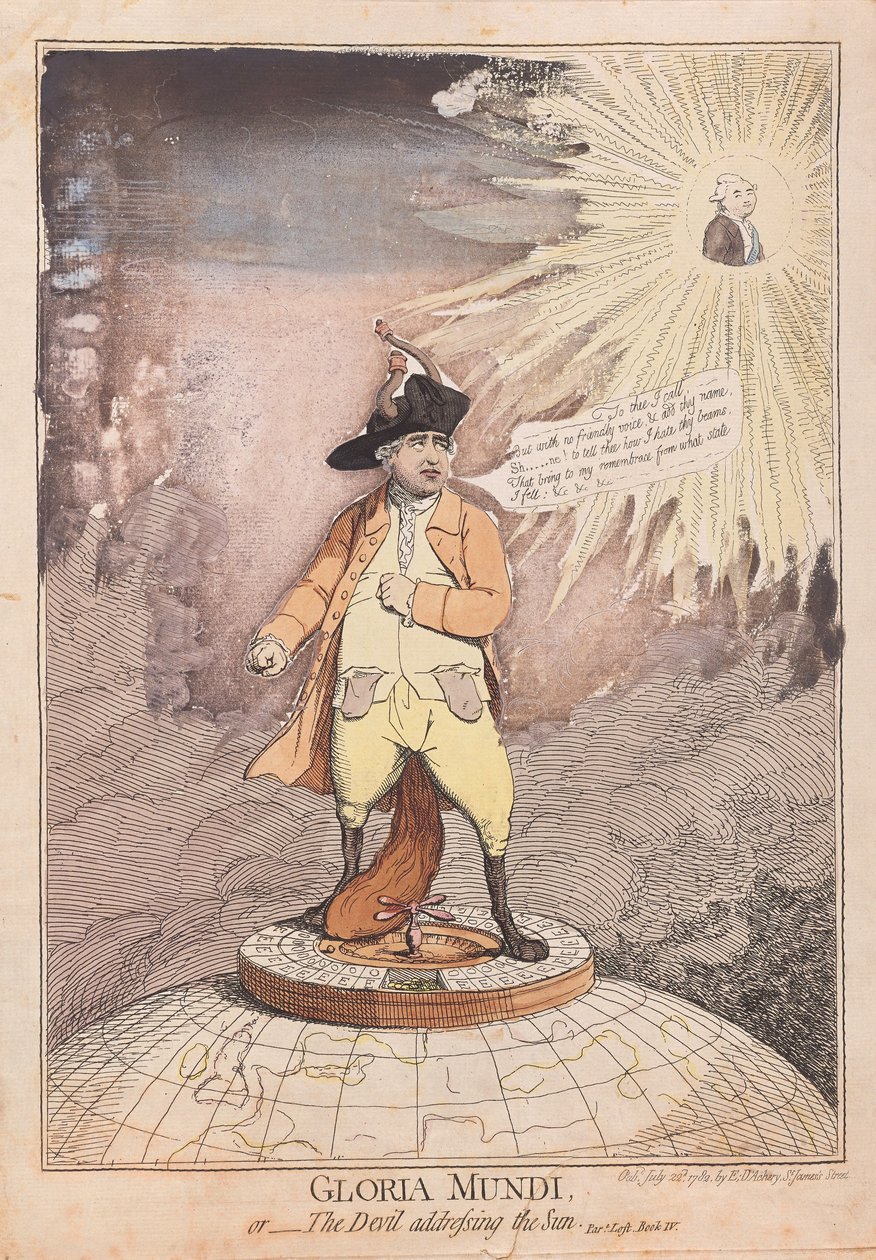 Gloria Mundi, aneb Ďábel oslovující Slunce, hospoda. 1782 (ručně kolorovaná rytina) od James Gillray