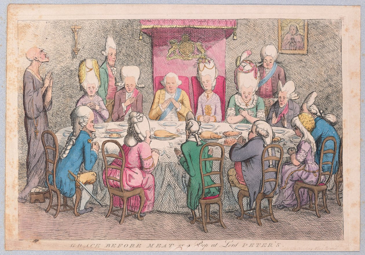 Grace before Meat or a Peep at Lord Peters, pub. 1779 (ručně kolorovaná rytina) od James Gillray