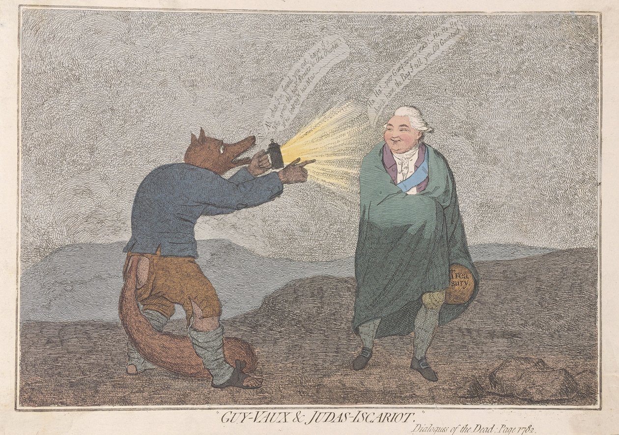 Guy-Vaux a Jidáš Iškariotský, vyd. 1782 (ručně kolorovaná rytina) od James Gillray