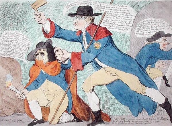 Guy Vaux objevený při pokusu zničit krále a Sněmovnu lordů, publikovala Hannah Humphrey v roce 1791 (ručně kolorovaný lept) od James Gillray