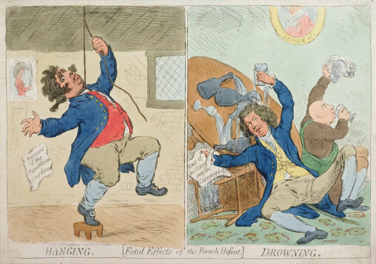 Oběšení a utonutí aneb fatální následky francouzské porážky, vydala Hannah Humphrey v roce 1795 (ručně kolorovaný lept) od James Gillray