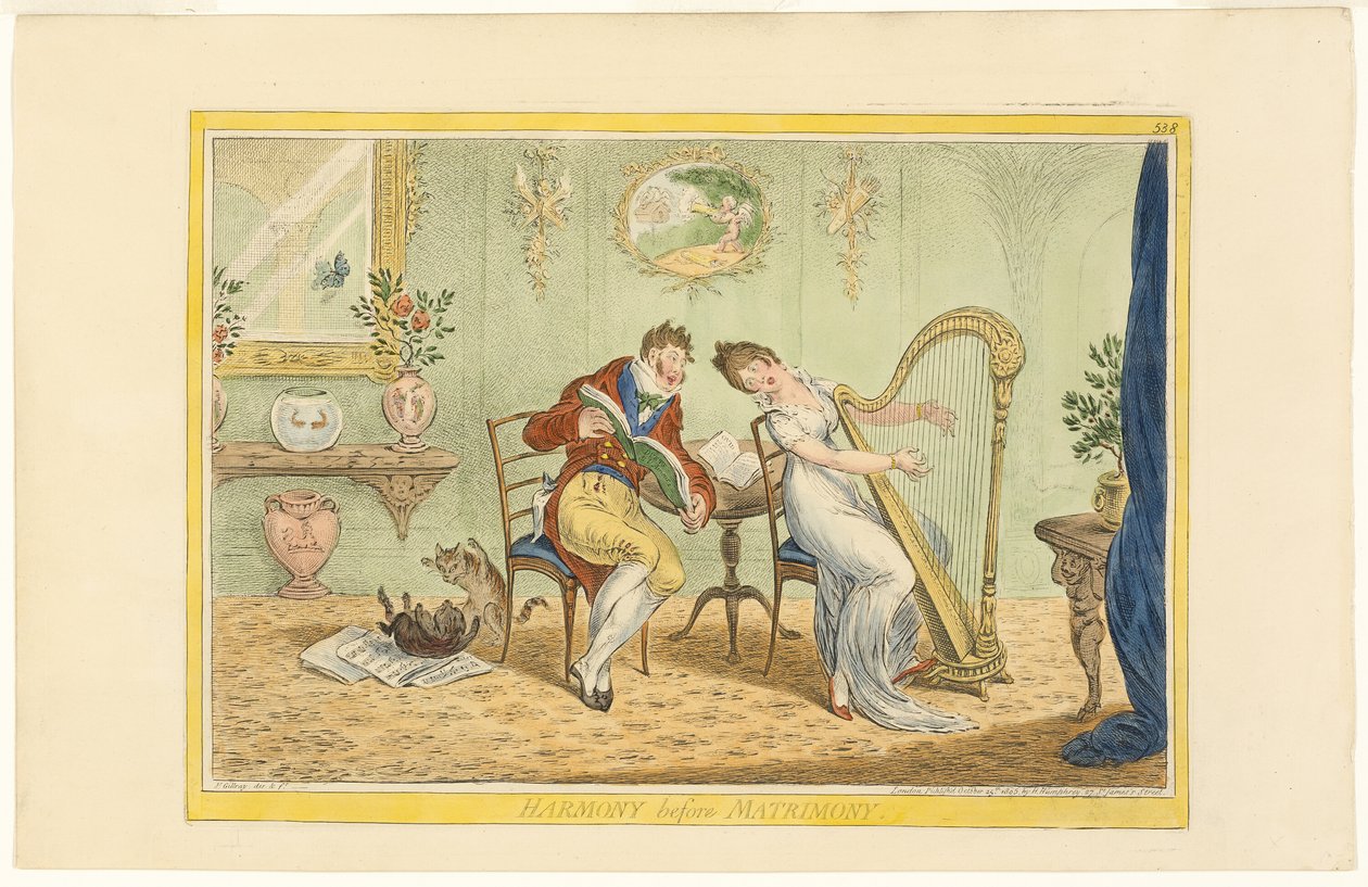 Harmonie před manželstvím (recto); Clearing the Five Bar Gate (verze) od James Gillray