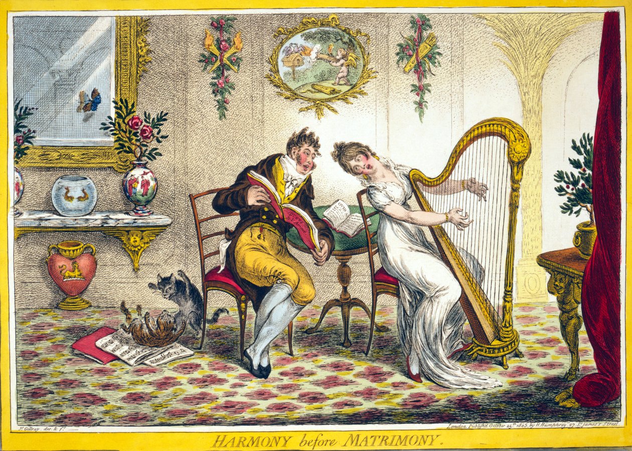 Harmonie před manželstvím, hospoda. Hannah Humphrey, 25. října 1805 (ručně kolorovaná rytina) od James Gillray