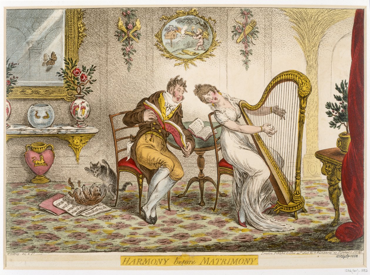 „Harmony before Marrimony“, publikoval 1805 od James Gillray