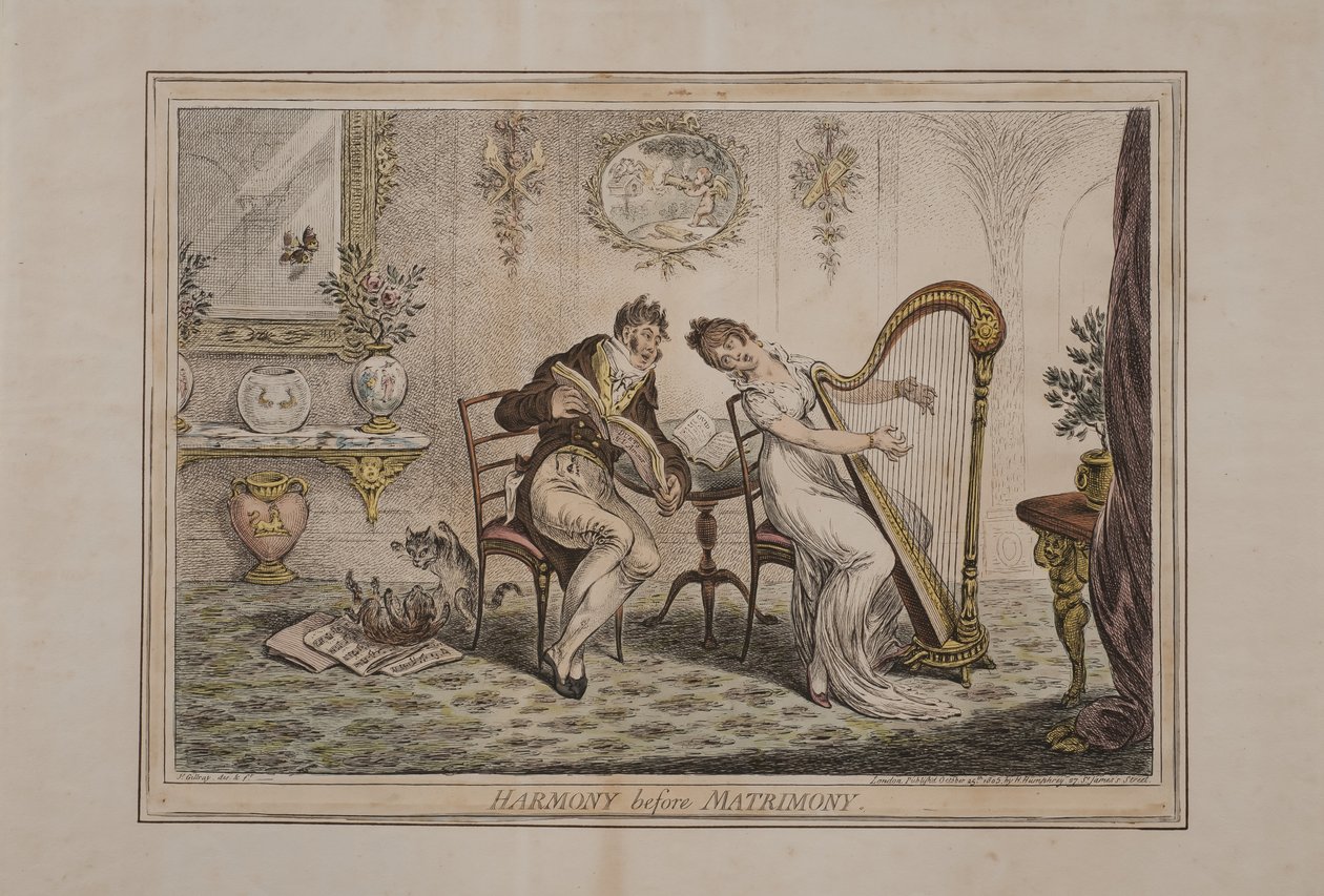 Harmony before Matrimony, vydala Hannah Humphrey, 1805 (ručně kolorovaný lept) od James Gillray