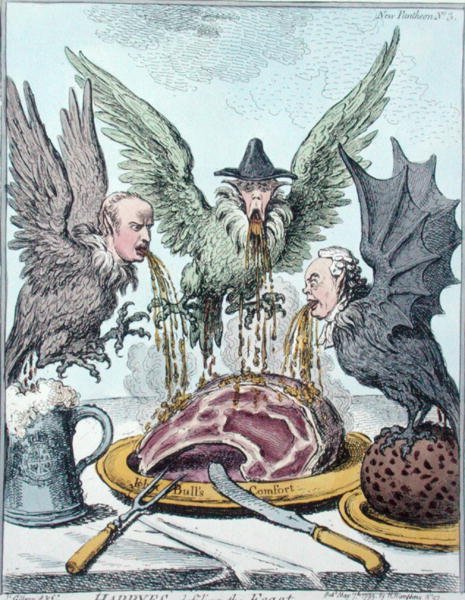 Harpyes Destroying the Feast, vydané Hannah Humphrey v roce 1799 (ručně kolorovaný lept) od James Gillray