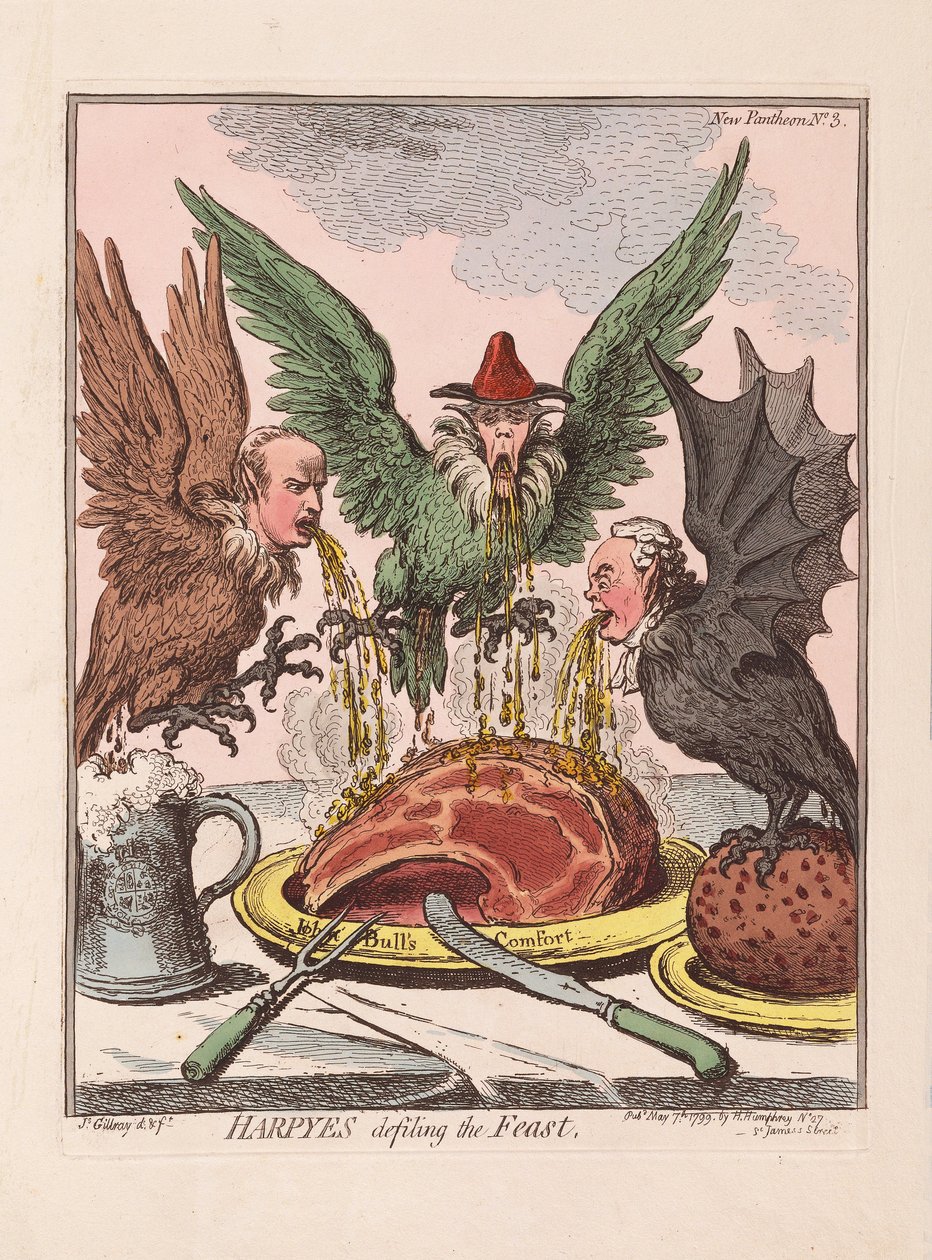 Harpyje znesvěcující svátek, hospoda. 1799 (ručně kolorovaná rytina) od James Gillray
