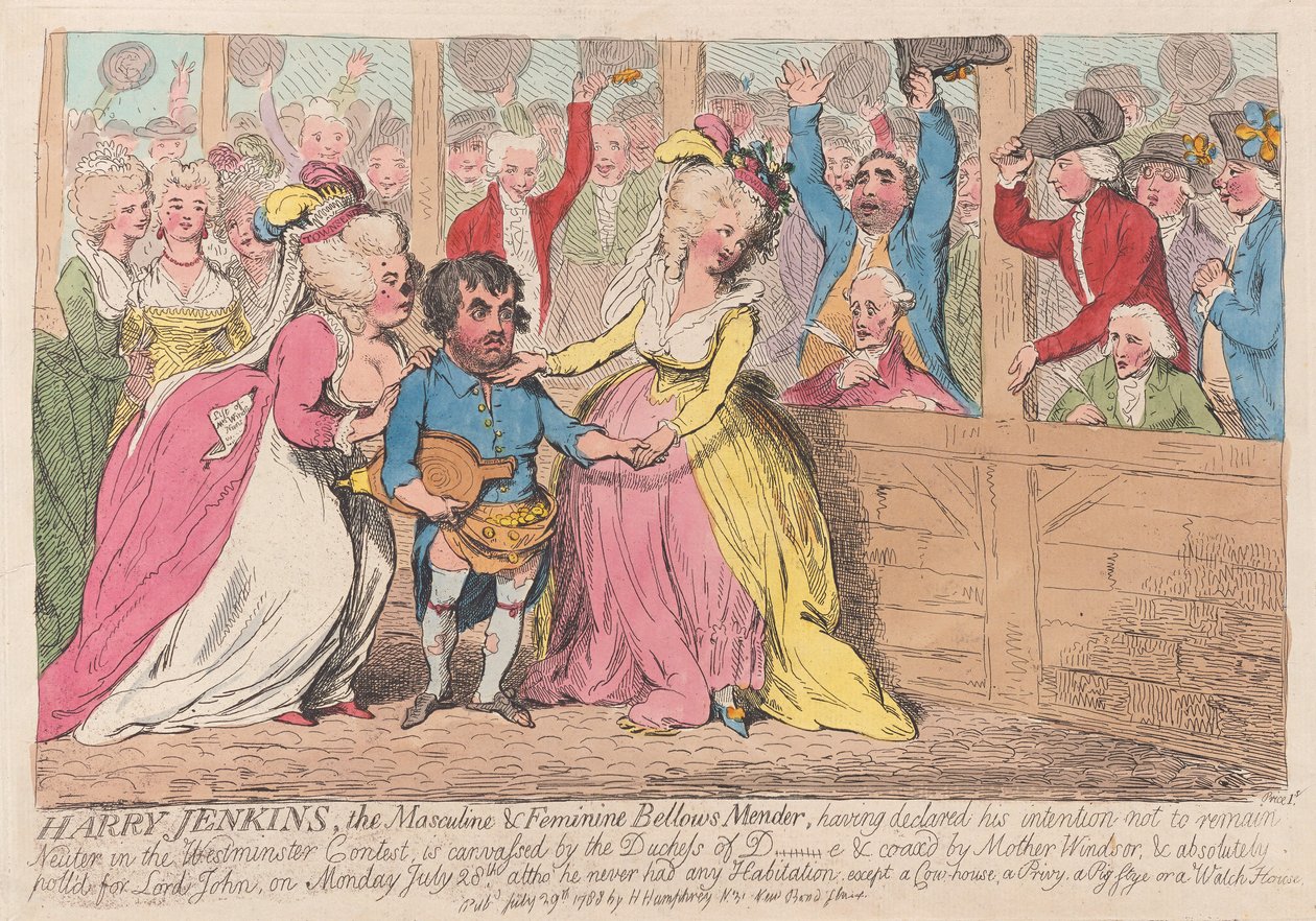Harry Jenkins, The Masculine & Feminine Bellows Mender, hospoda. 1788 (ručně kolorovaná rytina) od James Gillray