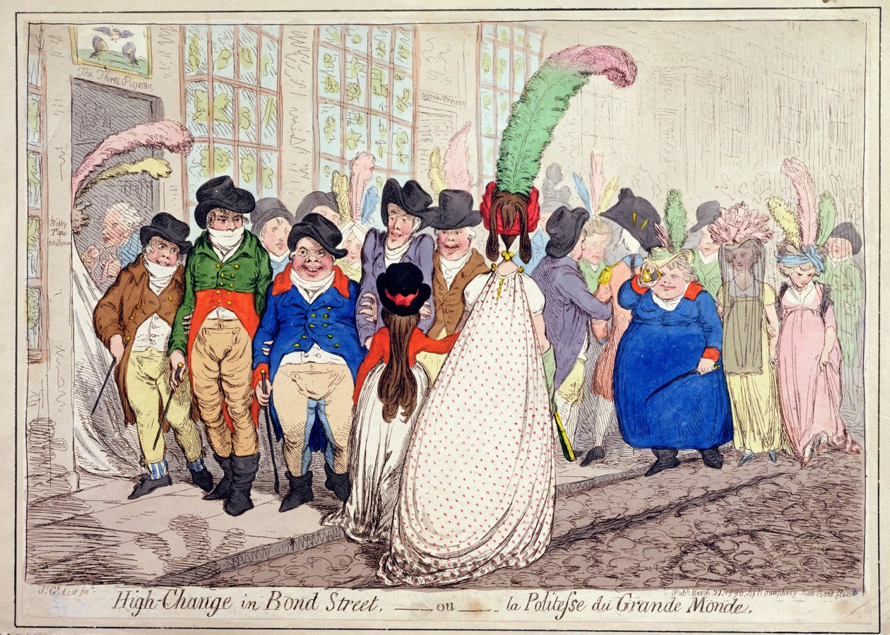 High Change in Bond Street, neboli La Politesse du Grande Monde, kterou vydala Hannah Humphrey v roce 1796 (ručně kolorovaný lept) od James Gillray