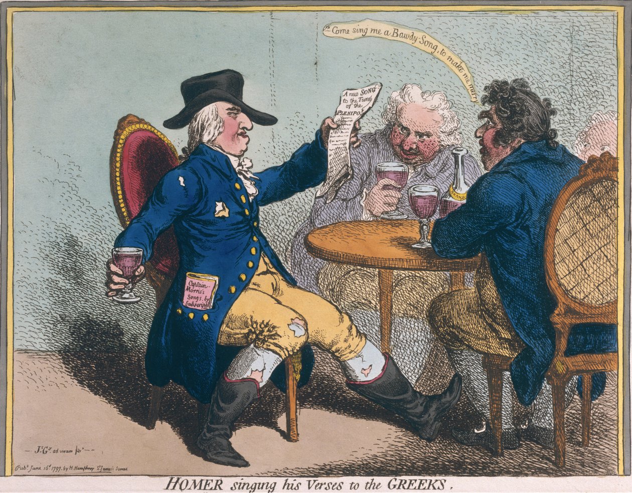 Homer zpívá své verše Řekům, které vydala Hannah Humphrey v roce 1797 (ručně kolorovaný lept) od James Gillray