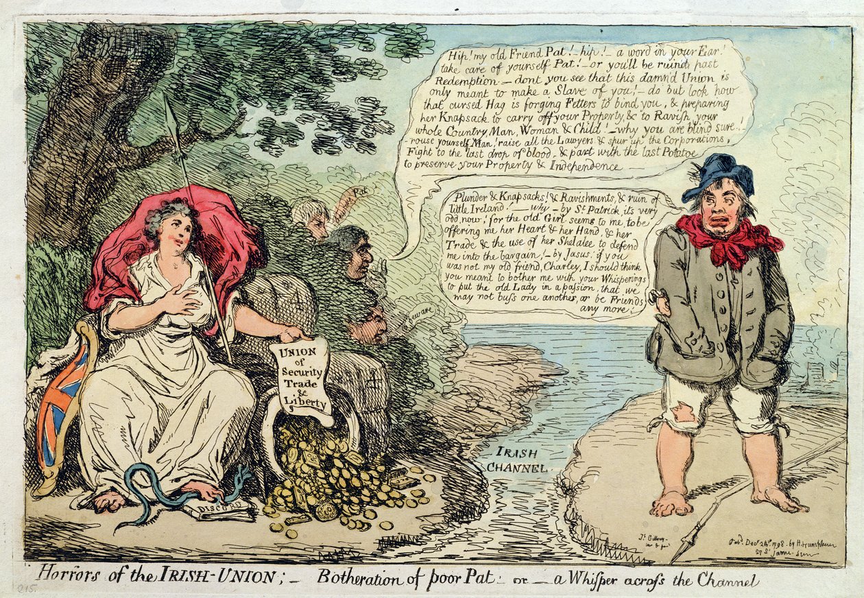 Horrors of the Irish Union: Obtěžování chudáka Pata, aneb Šepot přes kanál, vydal Hannah Humphrey v roce 1798 (ručně kolorovaný lept) od James Gillray