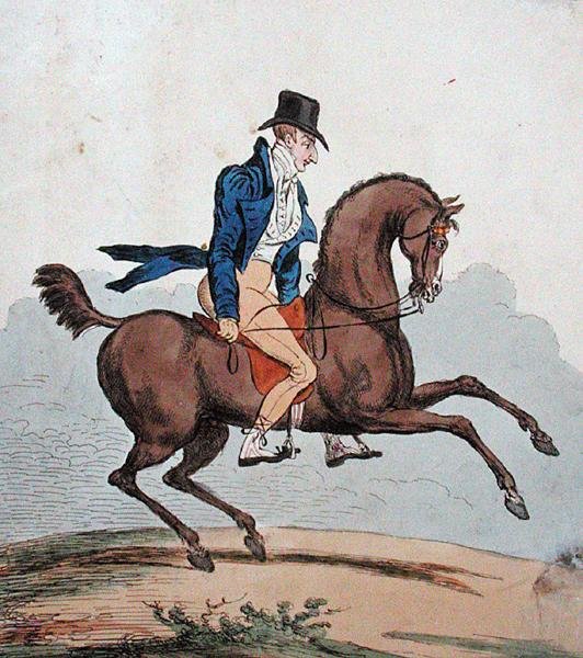 "How to break in my own Horse!", kterou vydala Hannah Humphrey v roce 1803 (ručně kolorovaný lept) od James Gillray