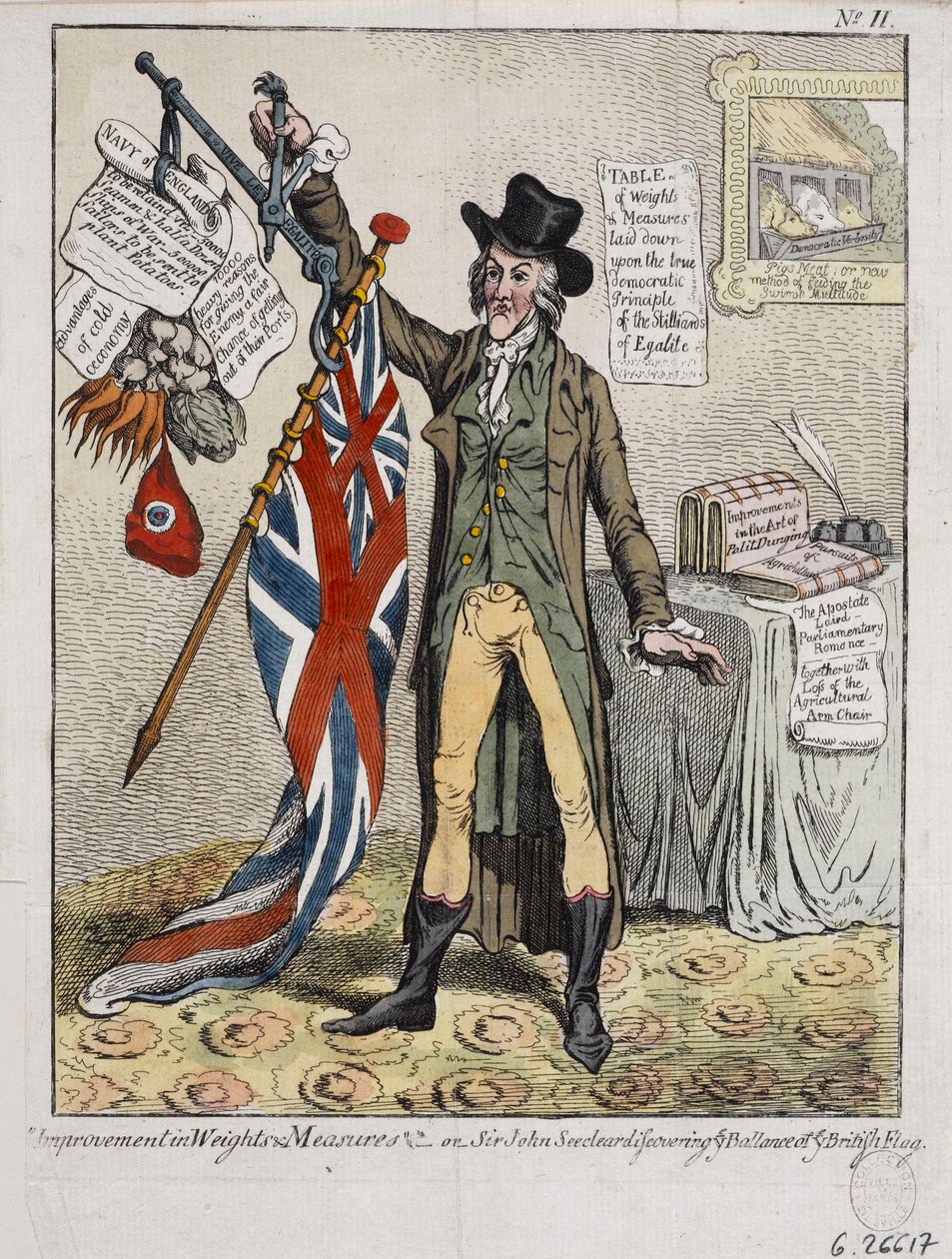 Zlepšení vah a měr aneb sir John Seeclear objevuje rovnováhu britské vlajky od James Gillray