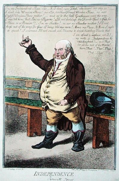 Independence, neboli Tyrwhitt Jones, publikovala Hannah Humphrey v roce 1799 (ručně kolorovaný lept) od James Gillray