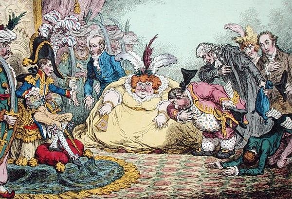 Uvedení Citizen Volpone & his Suite v Paříži, vydané Hannah Humphrey v roce 1802 (ručně kolorovaný lept) od James Gillray